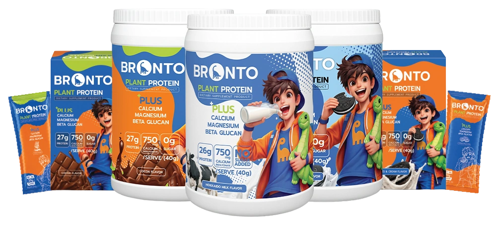 ผลิตภัณฑ์ BRONTO Plant Protein แบบกระปุก กล่อง และซอง